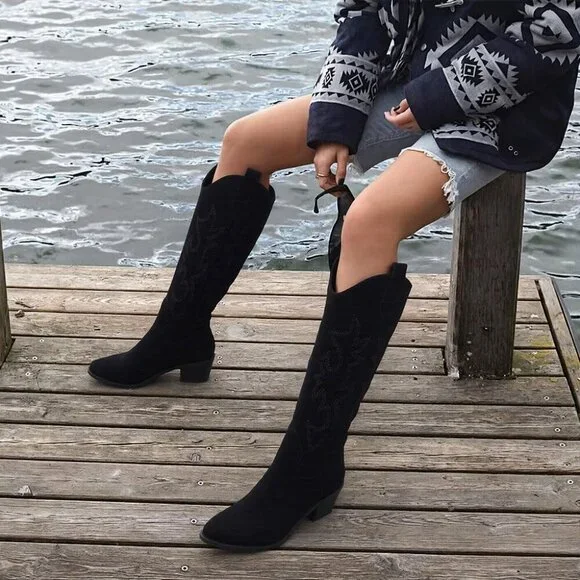 Women Black Suede Polyurethane Embroidered Chunky Heel Knee High Western Boot - Picture 4 of 6